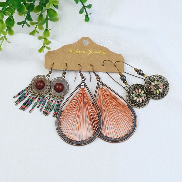

3pairs Bead Decor Drop Earrings, Multicolor
