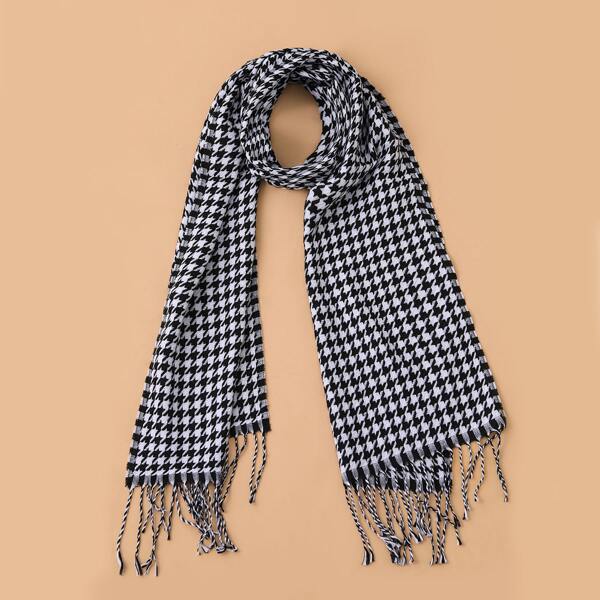 

Houndstooth Print Fringe Hem Scarf, Black and white