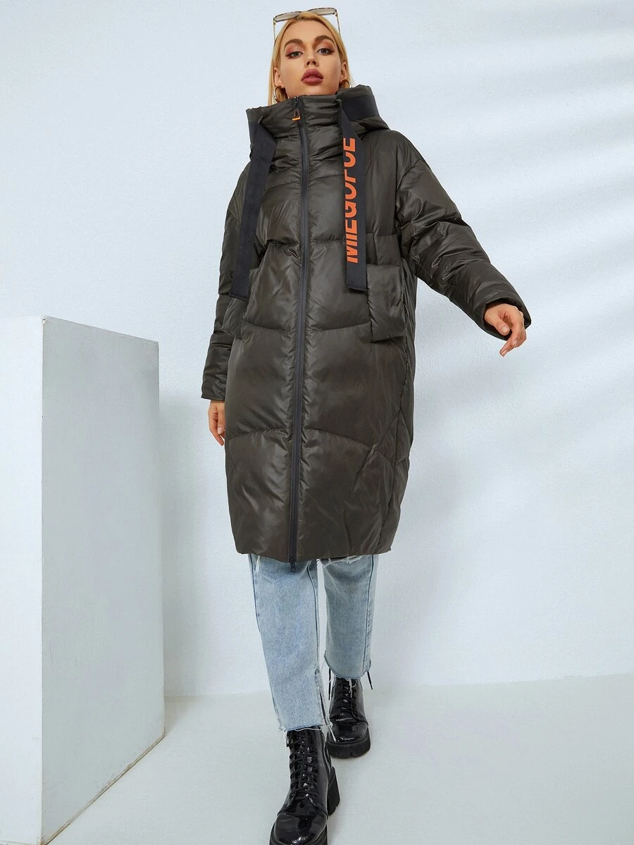 MIEGOFCE Áo khoác trùm đầu có đệm có khóa kéo Letter Tape - Màu xanh lá cây đậm - Xem 1