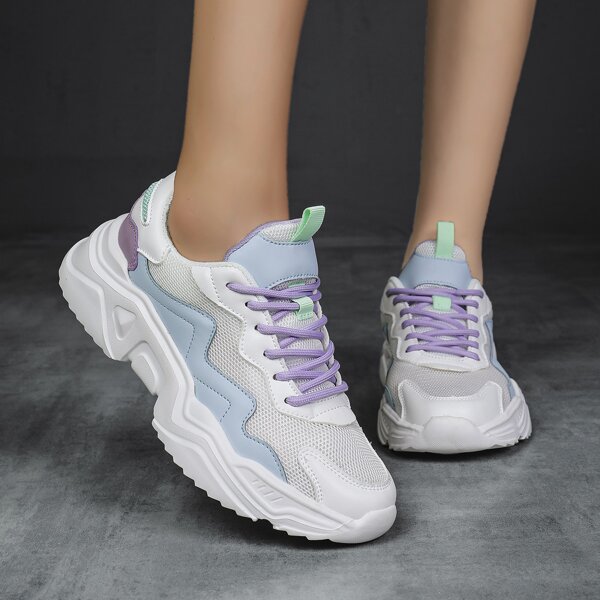 

Colorblock Lace-up Front Mesh Panel Running Shoes, White