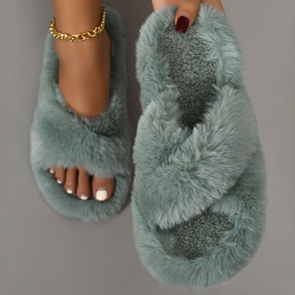 

Fluffy Cross Design Bedroom Slippers, Green