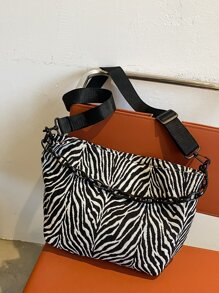 Zebra Striped Pattern Shoulder Bag - Black and White - View 3
