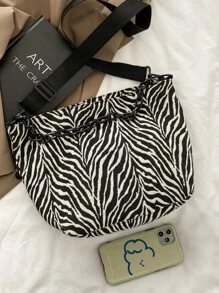 Zebra Striped Pattern Shoulder Bag - Black and White - View 6