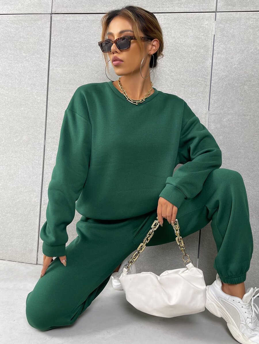 SHEIN Unity Sudadera de hombros caídos unicolor con pantalones deportivos - Verde Oscuro - Ver 1