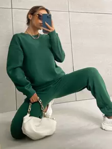 SHEIN Unity Sudadera de hombros caídos unicolor con pantalones deportivos - Verde Oscuro - Ver 3