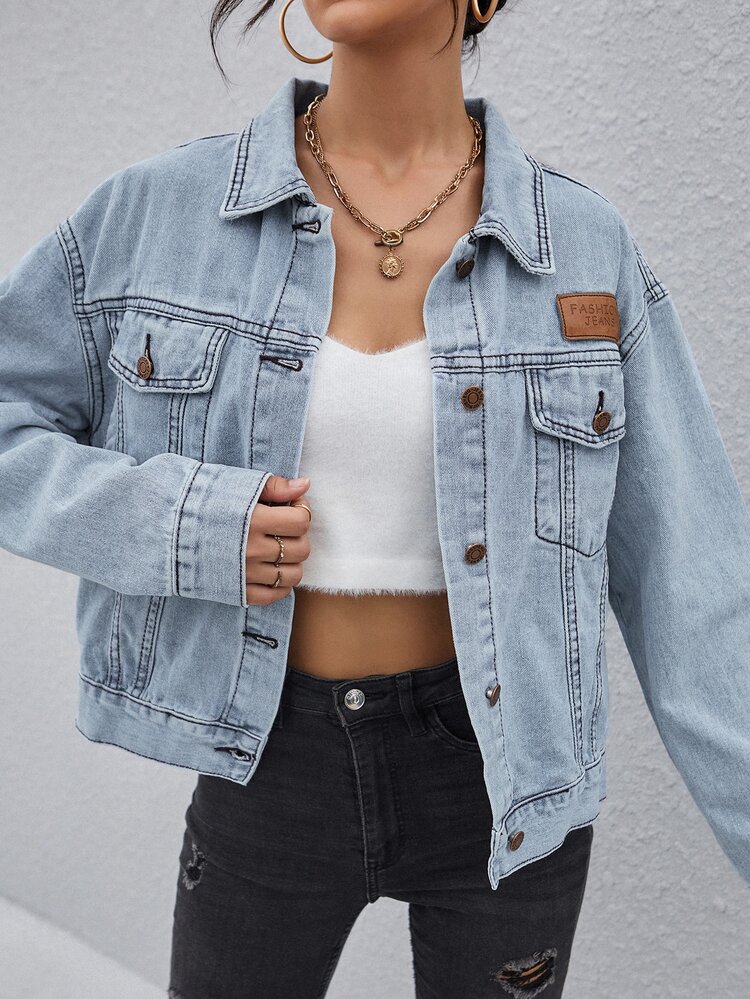 Flap Pocket Patched Button Up Denim Jacket - Light Wash - View 4