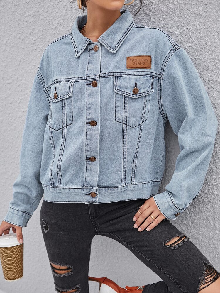 Flap Pocket Patched Button Up Denim Jacket - Light Wash - View 6