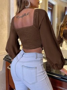 SHEIN Clasi Lantern Sleeve Shirred Back Bustier Crop Milkmaid Top Fall Cloth For Women