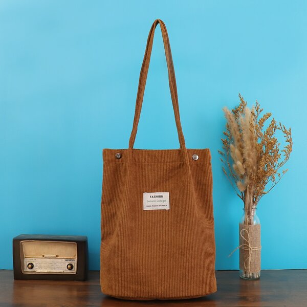 

Letter Patch Corduroy Shoulder Tote Bag, Brown