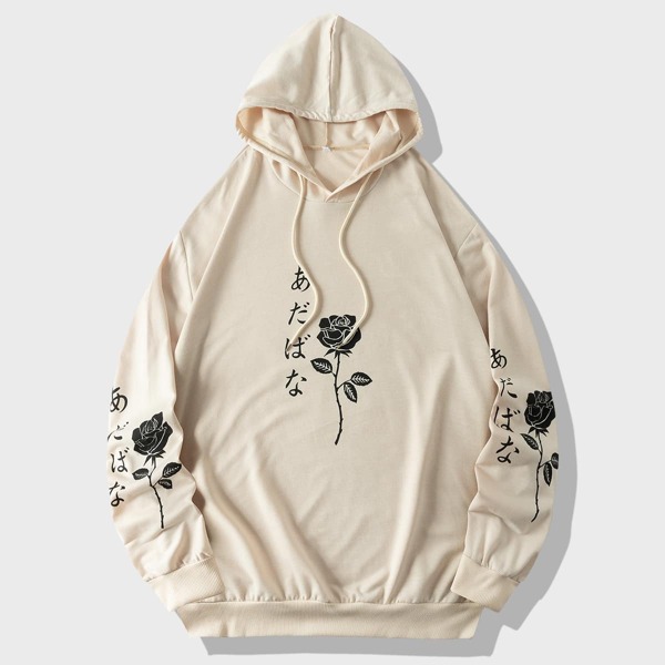 

Men Japanese Letter & Floral Print Drawstring Hoodie, Apricot