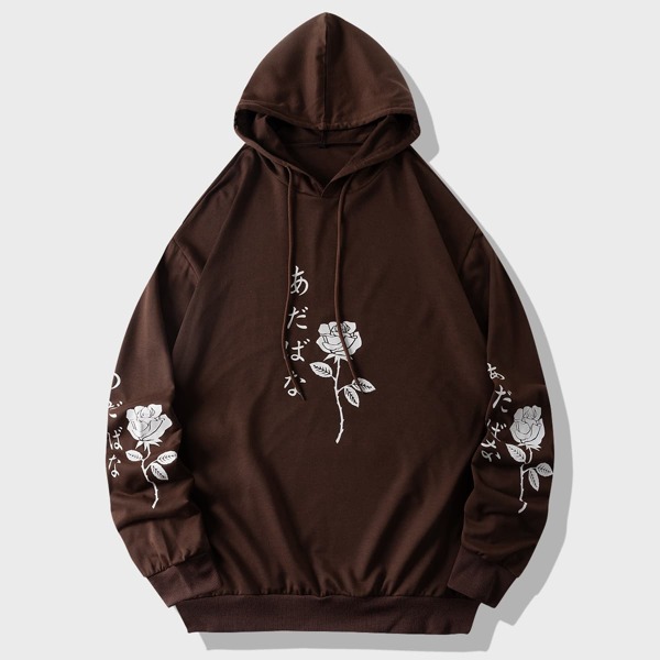 

Men Japanese Letter & Floral Print Drawstring Hoodie, Chocolate brown