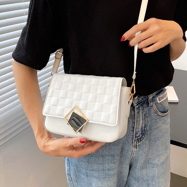 

Geometric Pattern Metal Decor Square Bag, White