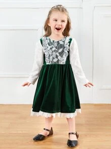 SHEIN Young Girls Lace Panel Velvet Party Dress