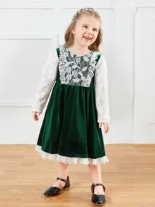 SHEIN Young Girls Lace Panel Velvet Party Dress