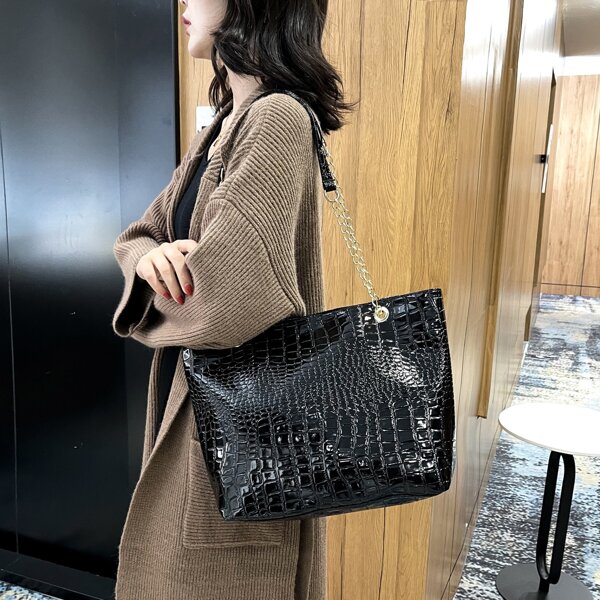 

Crocodile Embossed Shoulder Tote Bag, Black