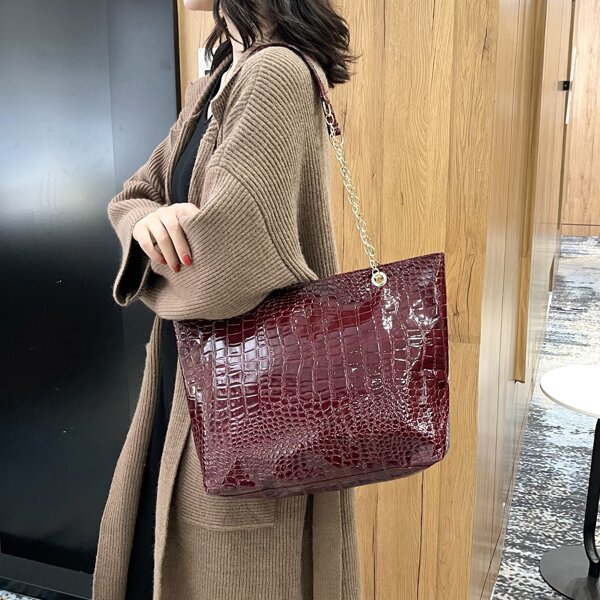 

Crocodile Embossed Shoulder Tote Bag, Burgundy