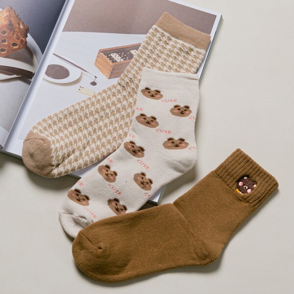 

3pairs Cartoon Bear Pattern Crew Socks, Multicolor