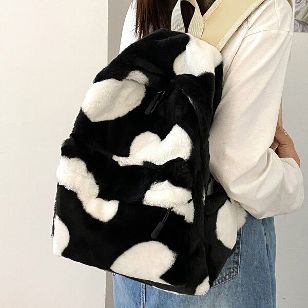 

Two Tone Fuzzy Classic Backpack, Black and white