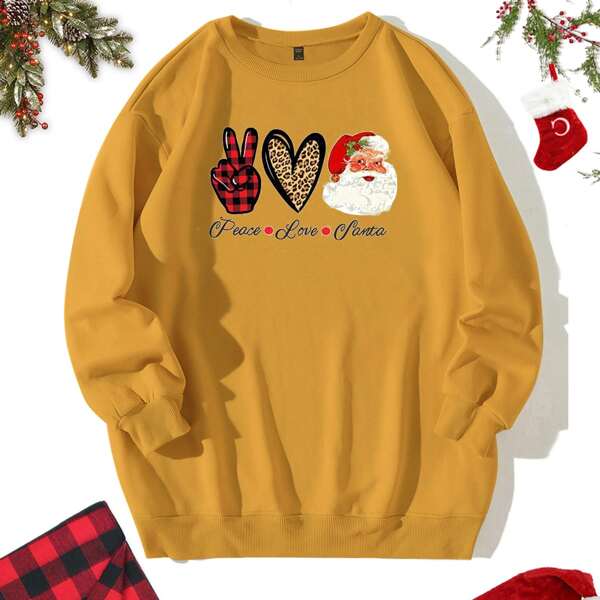 

Plus Christmas & Letter & Leopard Graphic Sweatshirt, Yellow