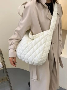 簡約絎縫肩背包填充絎縫斜背包，時尚加墊肩包，Hobo 旅行包，Niche 設計休閒水桶包 - 白色 - 查看 3