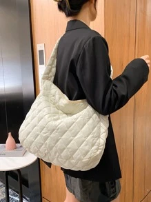 簡約絎縫肩背包填充絎縫斜背包，時尚加墊肩包，Hobo 旅行包，Niche 設計休閒水桶包 - 白色 - 查看 7