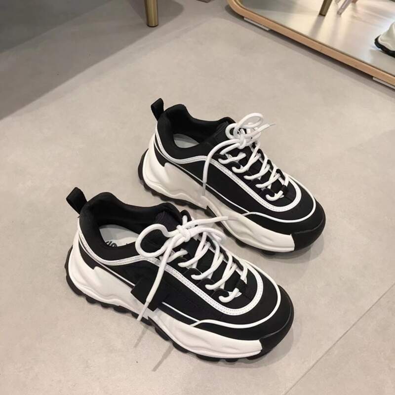 

Two Tone Lace Up Front Chunky Sneakers, Black