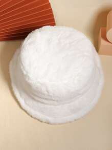 Solid Plush Fluffy Bucket Hat - White - View 2