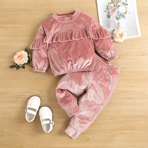 

Baby Ruffle Trim Velvet Sweatshirt & Sweatpants, Pink