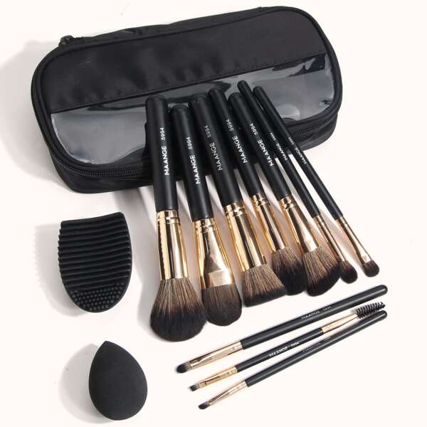 

10pcs Makeup Brush Set & 1pc Sponge & 1pc Cleaning Tool, Black