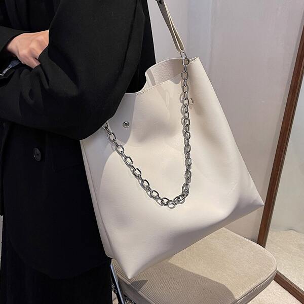 

Chain Decor Large Capacity Shoulder Bag, White