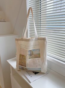 Newspaper Graphic Shopper Bag - Beige - View 1