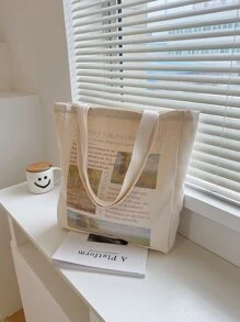 Newspaper Graphic Shopper Bag - Beige - View 2