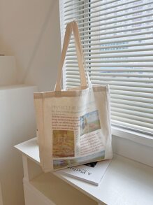 Newspaper Graphic Shopper Bag - Beige - View 3