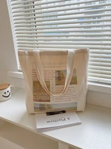Newspaper Graphic Shopper Bag - Beige - View 8