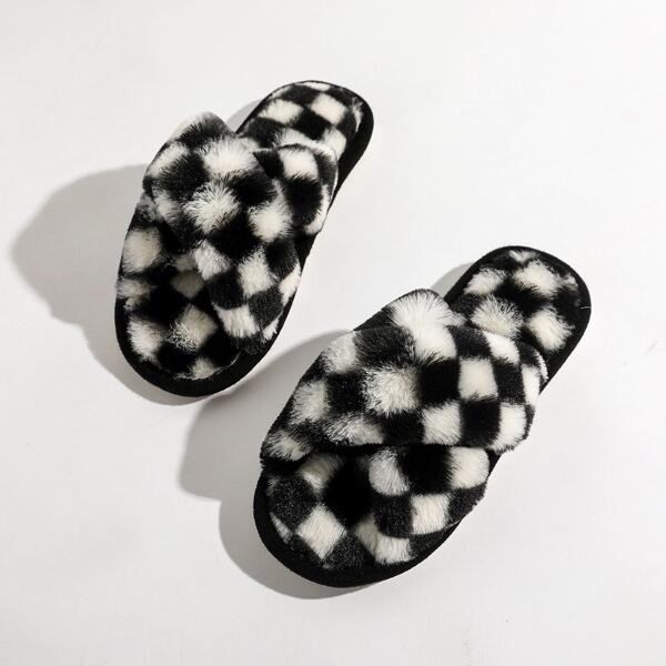 

Gingham Pattern Cross Strap Home Slippers, Black and white