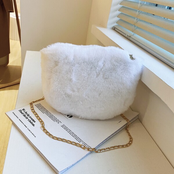 

Minimalist Fluffy Chain Saddle Bag, White