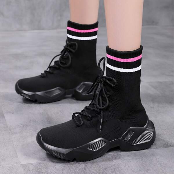 

Lace-up Front High Top Knit Running Shoes, Black