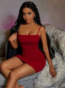 Zolique Ruched Detail Bodycon Dress Burgundy Color Women Outfit - Burgundy - View 3