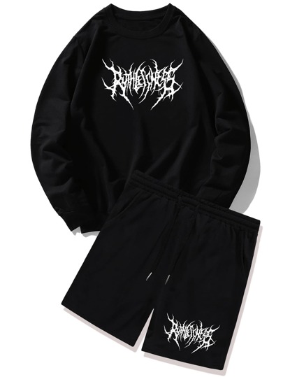 Goth للشباب بطباعة أحرف قميص ثقيل مع شورتات برباط