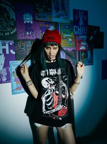 JRart Grunge Punk Slogan Skull & Guitar Graphic Tee - Black - View 1