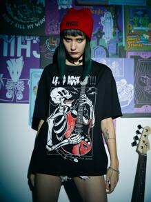 JRart Grunge Punk Slogan Skull & Guitar Graphic Tee - Black - View 3