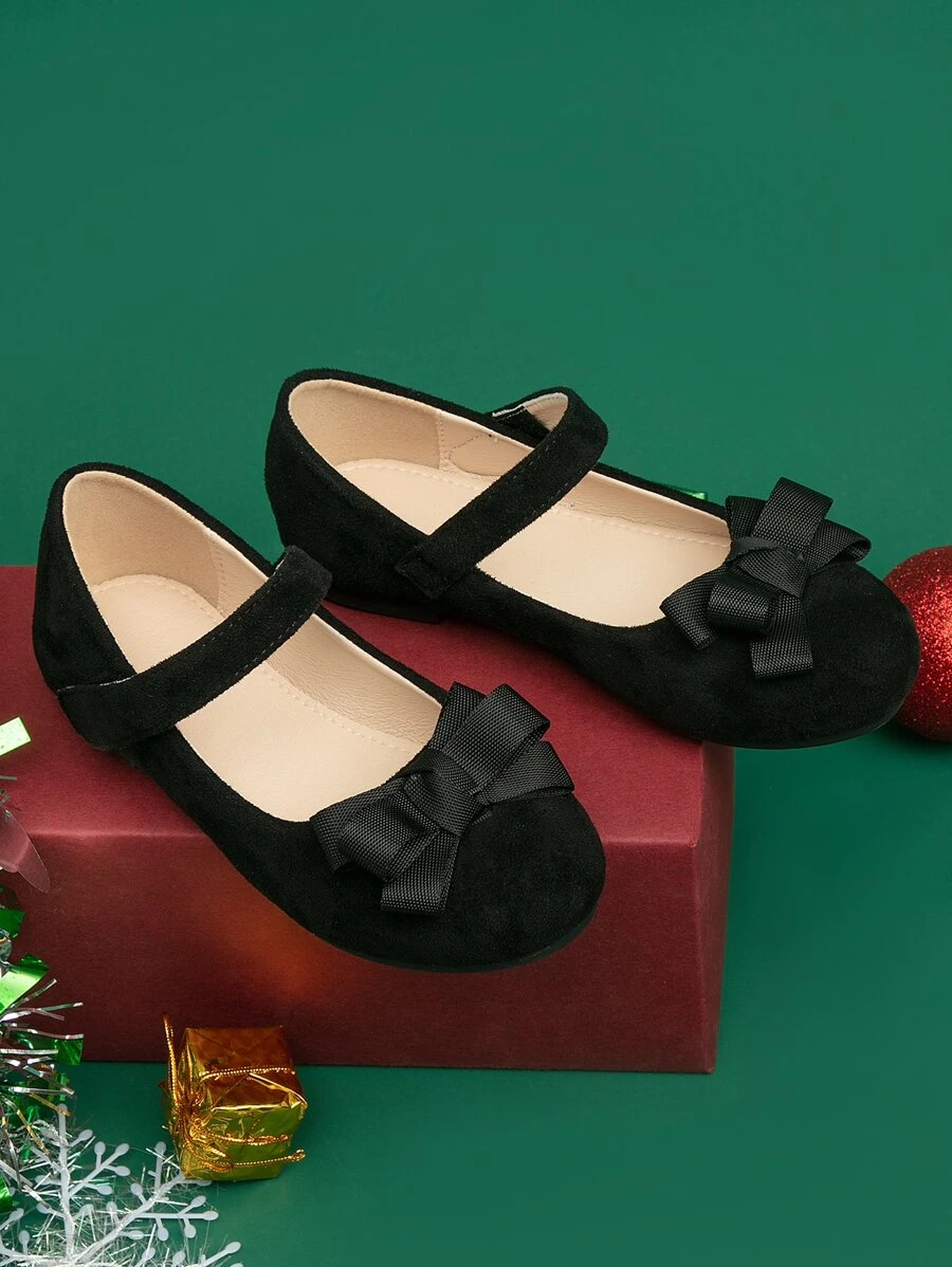 1pair Girls' Bowknot & Flower Decor Hook And Loop Flat Shoes - Black - View 1