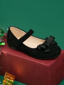 1pair Girls' Bowknot & Flower Decor Hook And Loop Flat Shoes - Black - View 2