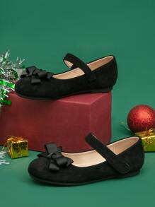 1pair Girls' Bowknot & Flower Decor Hook And Loop Flat Shoes - Black - View 3