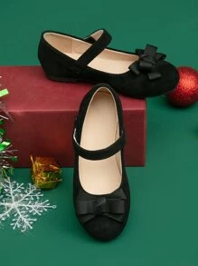 1pair Girls' Bowknot & Flower Decor Hook And Loop Flat Shoes - Black - View 4