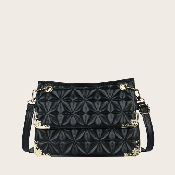 

Metal Decor Textured Flap Square Bag, Black