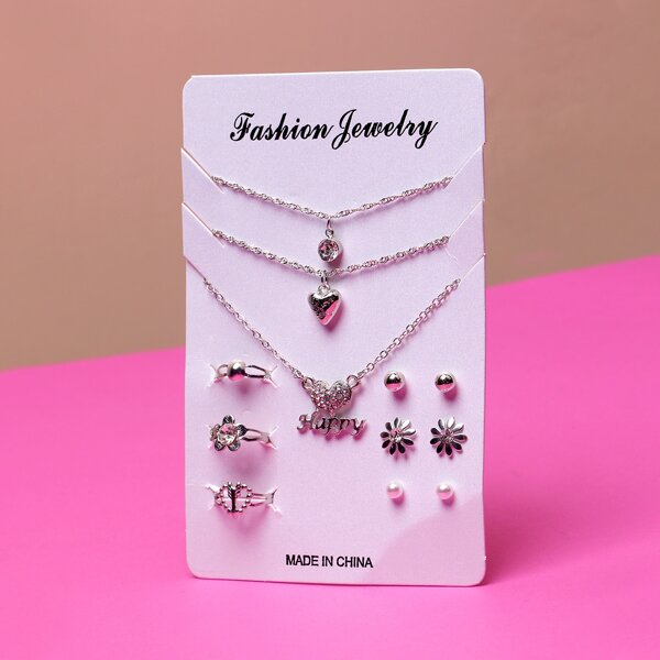 

12pcs Girls Rhinestone Heart Decor Jewelry Set, Silver