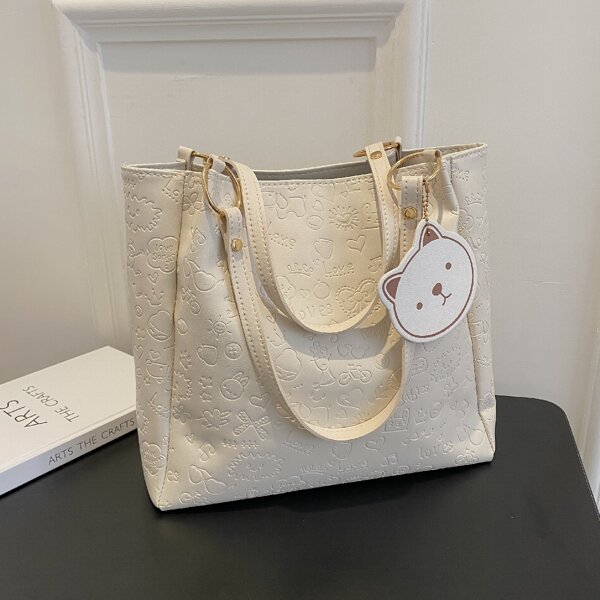 

Cartoon Patch Shoulder Tote Bag, Beige