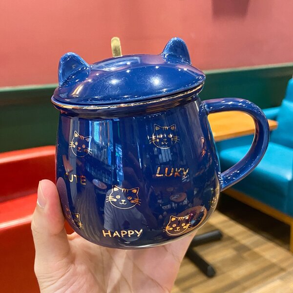 

1pc Cartoon Cat Mug With Lid & 1pc Spoon, Blue