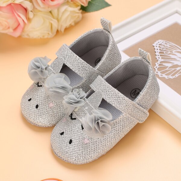

Baby Floral Appliques Cartoon Design Ballet Flats, Silver